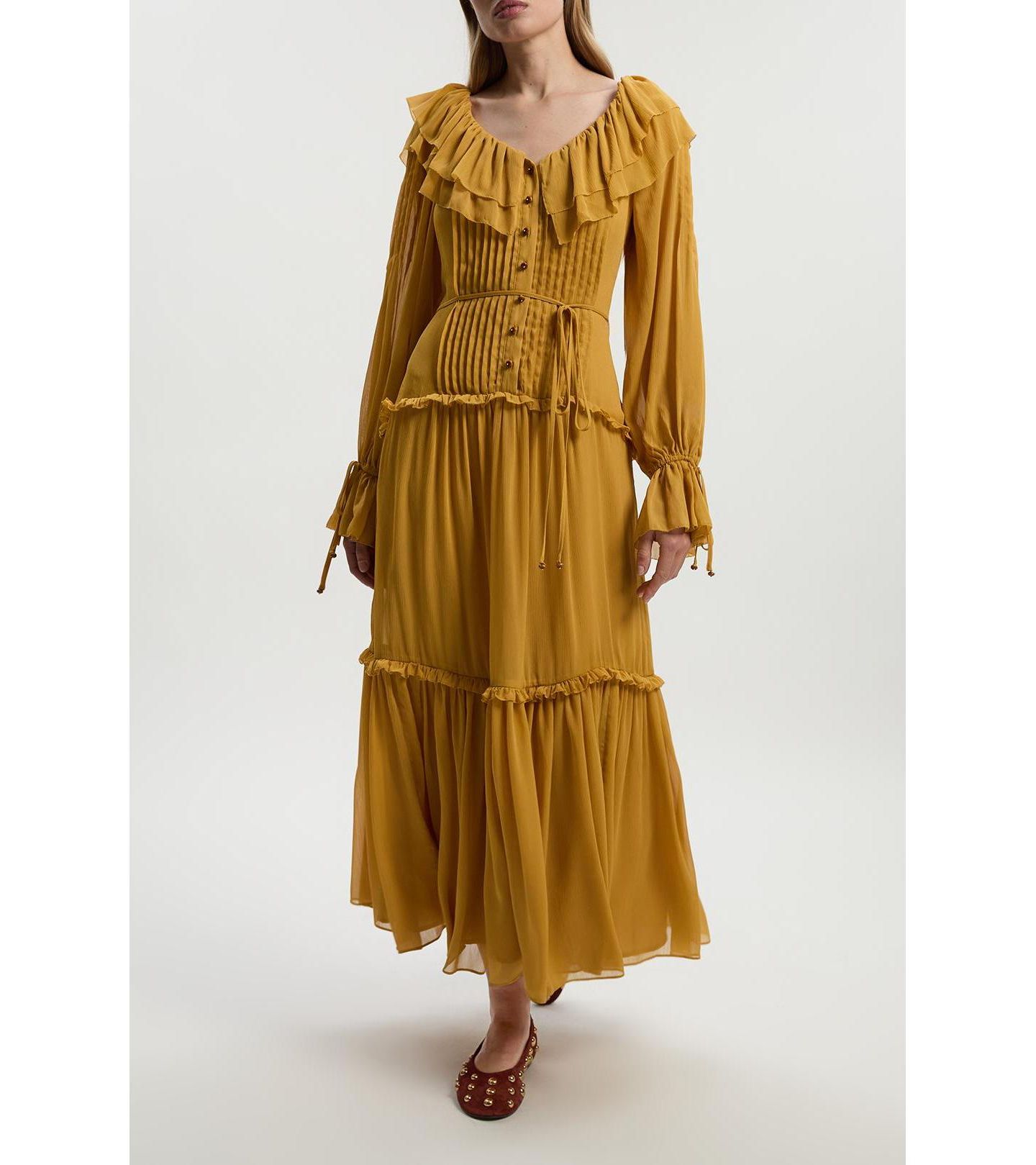 Женское платье Karen Millen Georgette Ruffle Woven Maxi, цвет: Ochre — фото 6