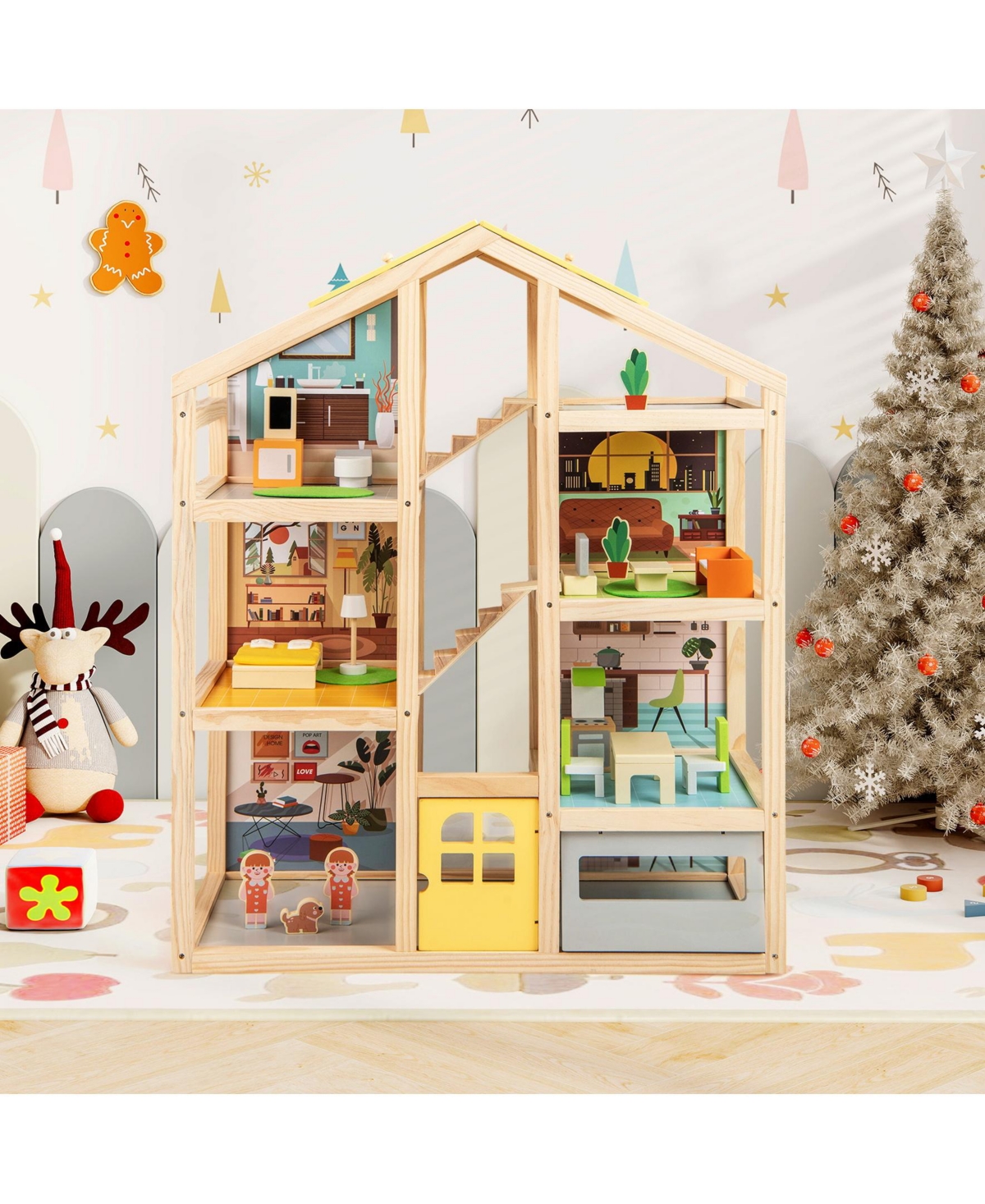 Sugift Wooden Dollhouse for Kids Modern Family Pretend Playhouse with Furniture Pieces and Figures