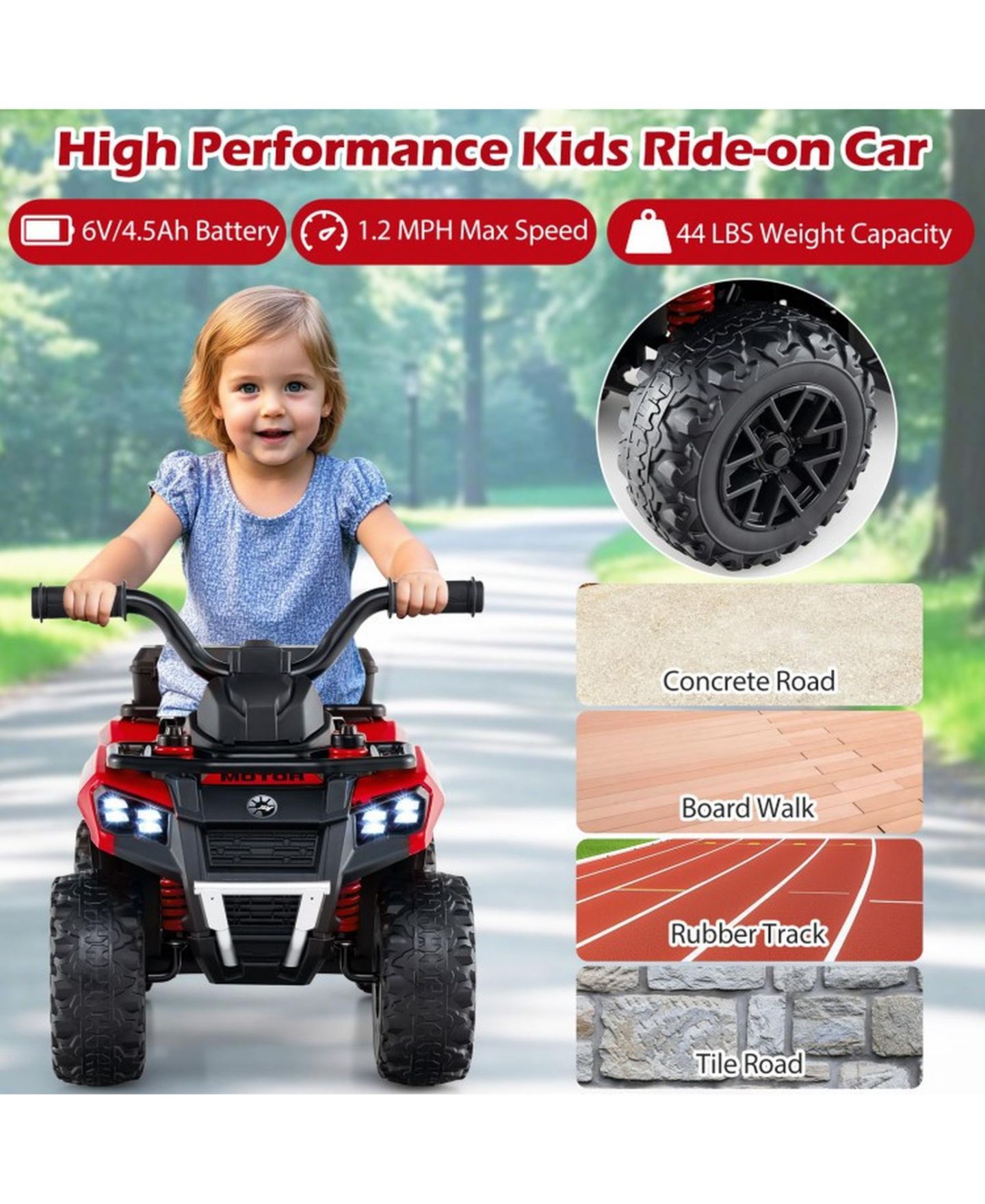Детская игрушка SUGIFT 6V Kids Ride-On ATV with Spray Function and Music, 27"L x 16"W x 17"H, Ages 18+ Months, цвет: Красный — фото 8
