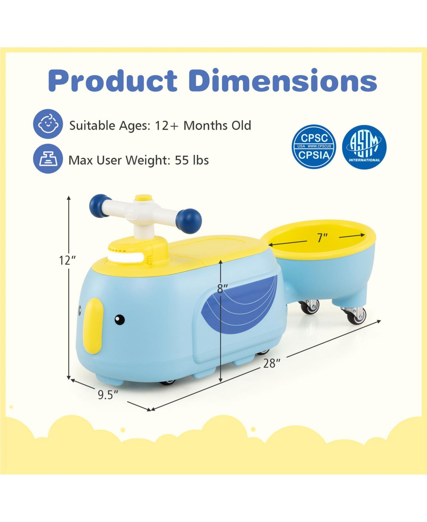 Детская игрушка SUGIFT Penguin-Themed 2-in-1 Ride-On Toy with Trailer, Lights & Music, Ages 12+ Months, цвет: Синий — фото 3