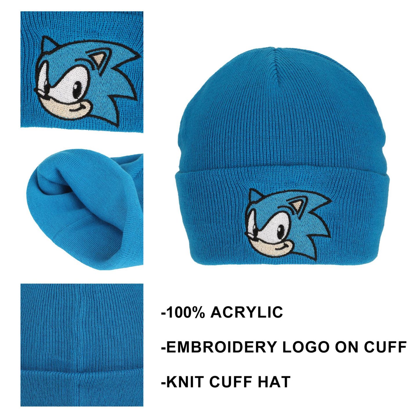 Мужская шапка Sonic the Hedgehog Chucky Text Embroidery Acrylic Knit Standard Cuff, цвет: Синий — фото 2