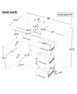 36" Solid Wood and MDF Bathroom Vanity with Sink Top, Cabinet Doors and Drawers