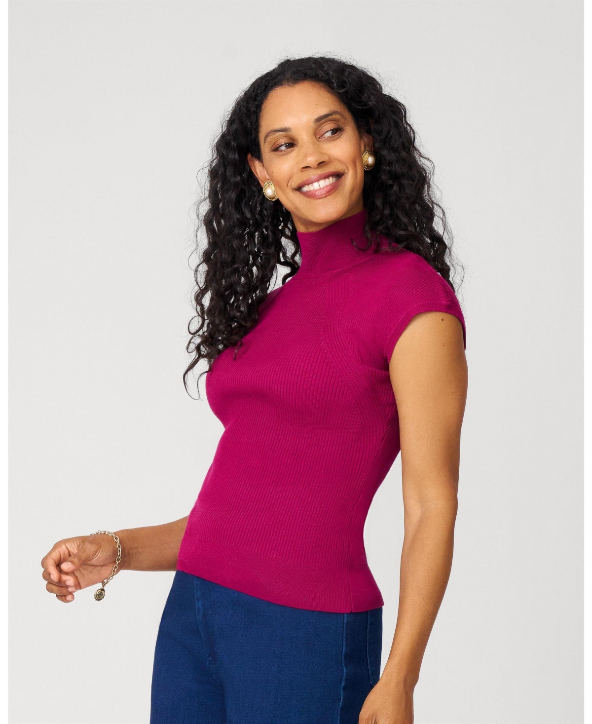 Cable & Gauge Women's Ribbed Mockneck Cap Sleeve Sweater