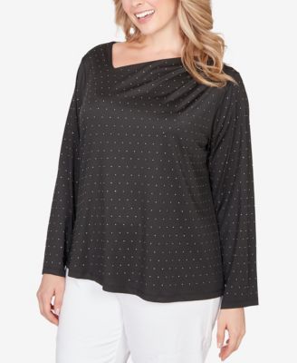 Plus Size Long Sleeve Asymmetrical Neck Top with Rhinestones