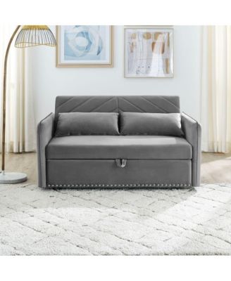 55'' Pull-Out Sleeper Sofa Bed with USB Ports, Adjustable Backrest, Velvet 2-Seater Couch with Side Pockets & Pillows