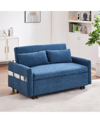 55" Fabric Convertible Sleeper Loveseat – Pull-Out Sofa Bed with Adjustable Back, USB A/C Ports & Side Pockets for Small Spaces.