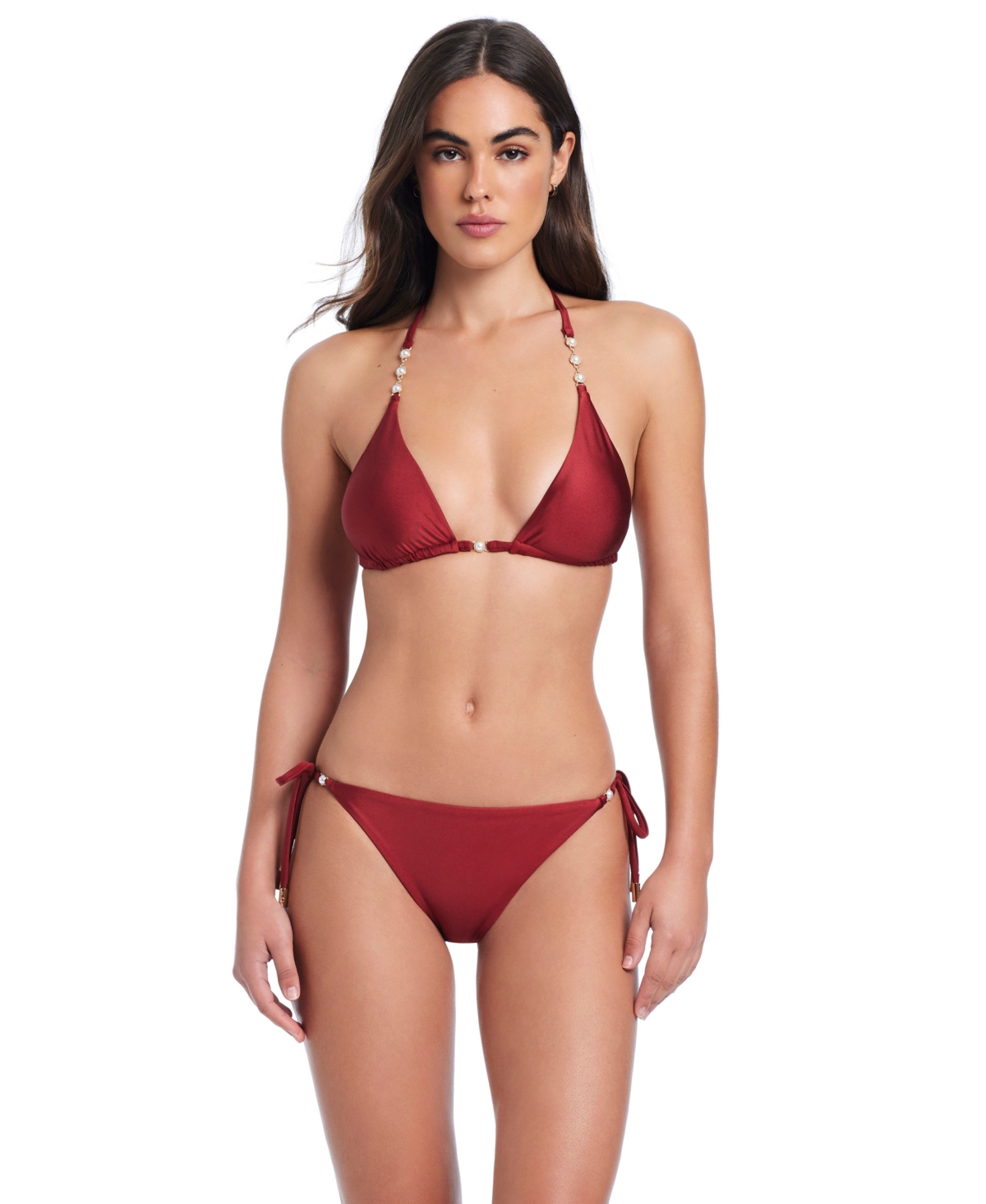 Red Carter Pearls Of Wisdom Classic Triangle Bikini Halter Bra In Burgundy