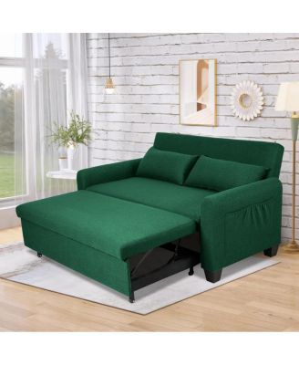 61-Inch Pull-Out Linen Sofa Bed with Extra-Wide Convertible Sleeper Loveseat, Storage Pocket & Wheels for Apartments and Guest Rooms