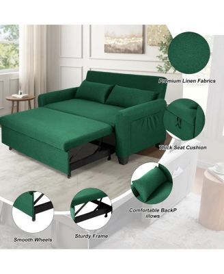 61-Inch Pull-Out Linen Sofa Bed with Extra-Wide Convertible Sleeper Loveseat, Storage Pocket & Wheels for Apartments and Guest Rooms