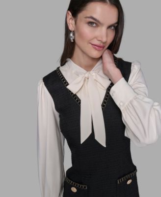 Women's Textured Tweed Two-Tone Collar Dress