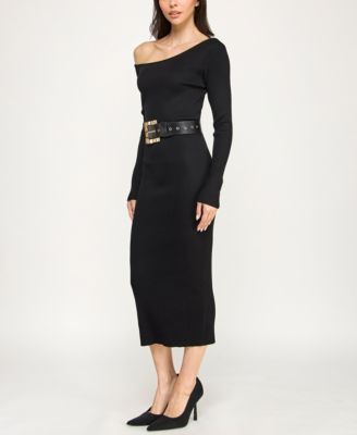 Juniors' Long Sleeve Belted Midi Sweater Dress