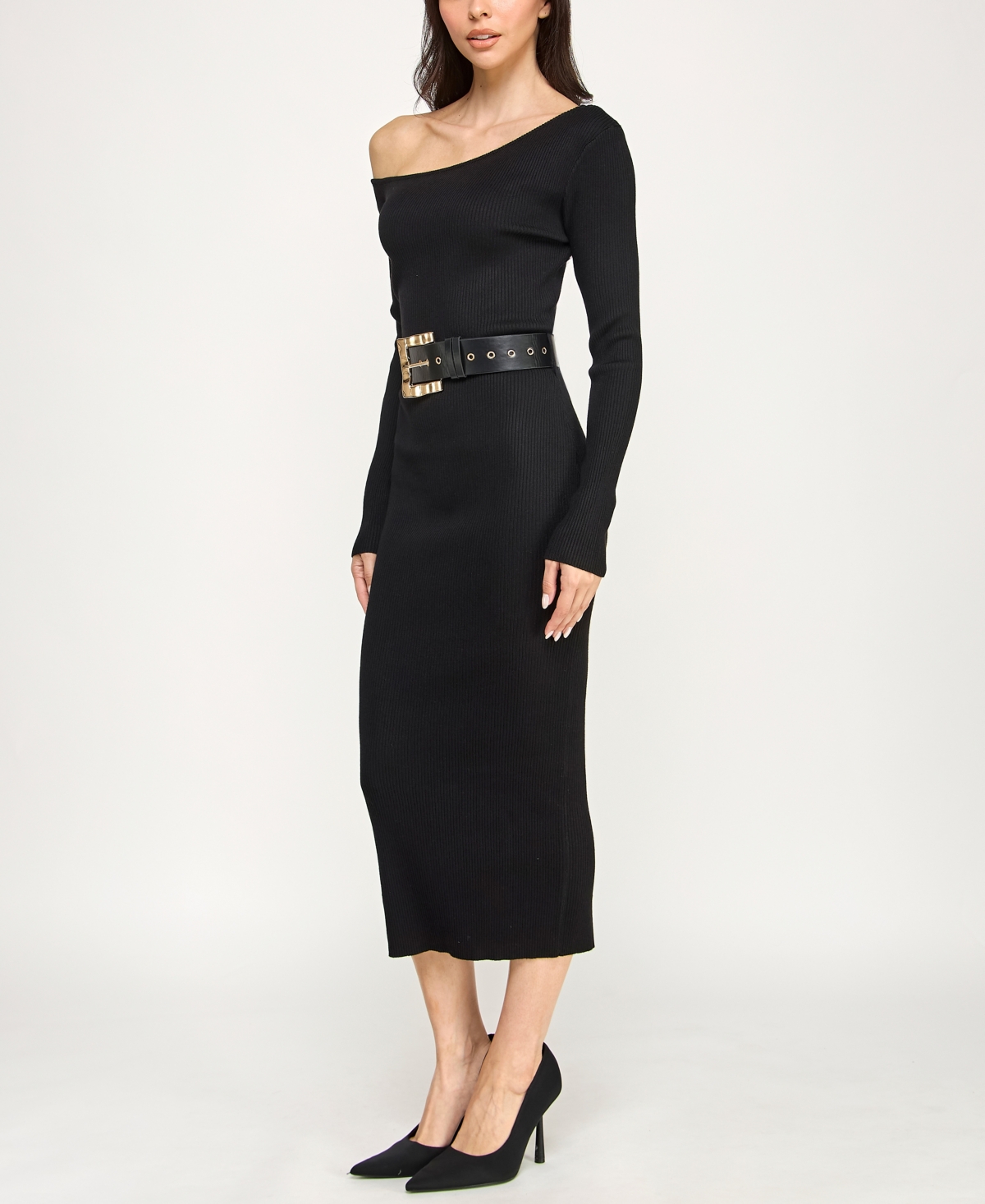 Rosie Harlow Juniors' Long Sleeve Belted Midi Dress In Black