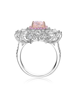 Sterling Silver White Gold Plated Radiant Pink or Yellow with Clear Cubic Zirconia Halo Ring