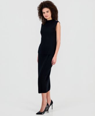Anne Klein Womens Ribbed Knit Sleeveless Sweater Ribbed Knit Faux Wrap Midi Skirt In Black
