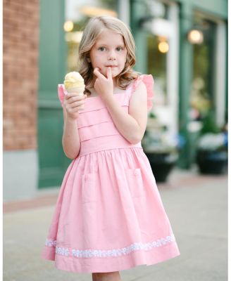 Big Girls Pleated Flutter Sleeve Apron Dress with Embroidery