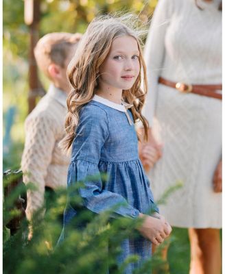 Little and Big Girls' Organic Empire Waist Peter Pan Collar Chambray Dress
