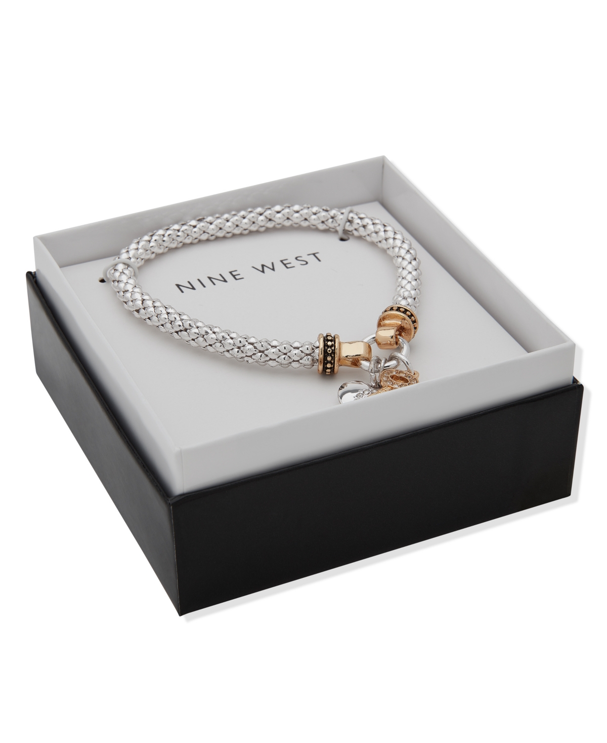 Nine West Pave Heart Lock & Key Stretch Bracelet In Silver