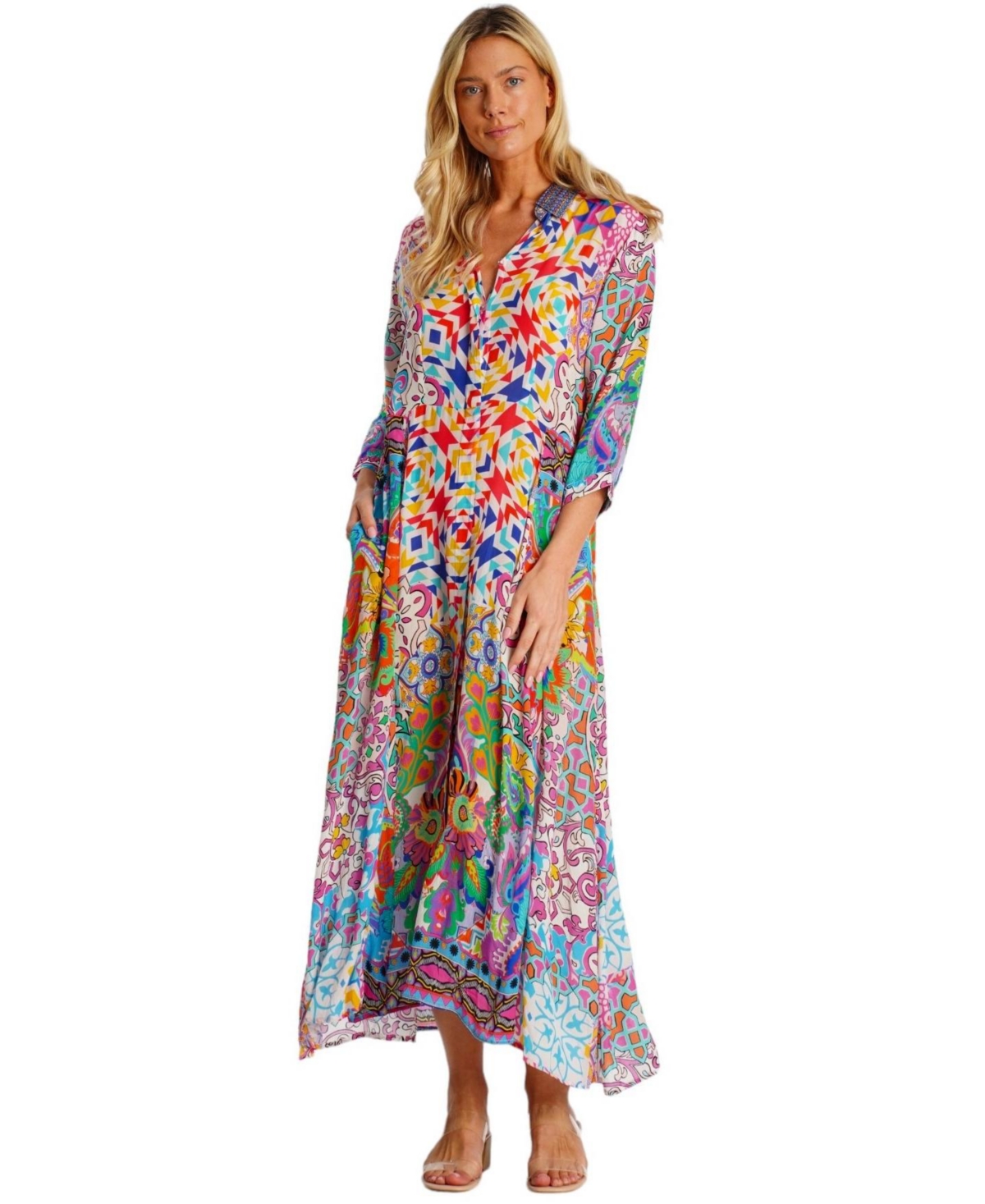 La Moda Clothing Women's Maxi Summer Cover Up Dress with Collared Neck