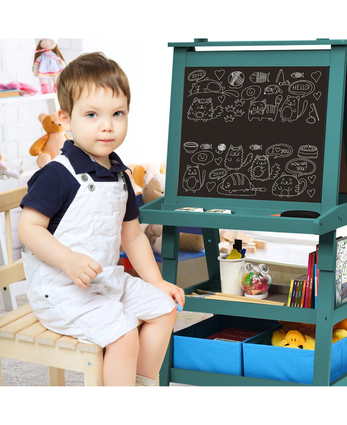 Kids Art Easel Double Sided Chalkboard Magnetic Whiteboard with Storage Tray