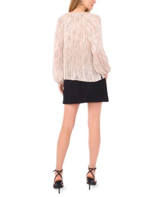 Women's Tie Neck Shirring Long Sleeve Peasant Top