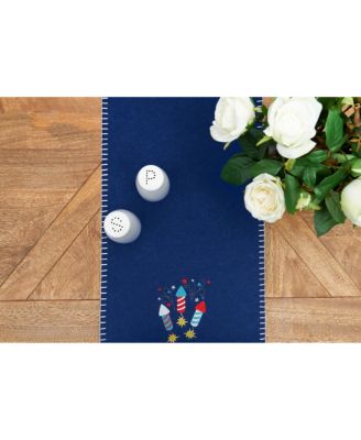 Patriotic 4th of July Solid Blue Sparkler Embroidered Fireworks Design Felt Table Runner 12" x 47.25"