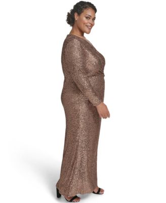 Plus Size Sequin Twist-Front Long Sleeve Gown