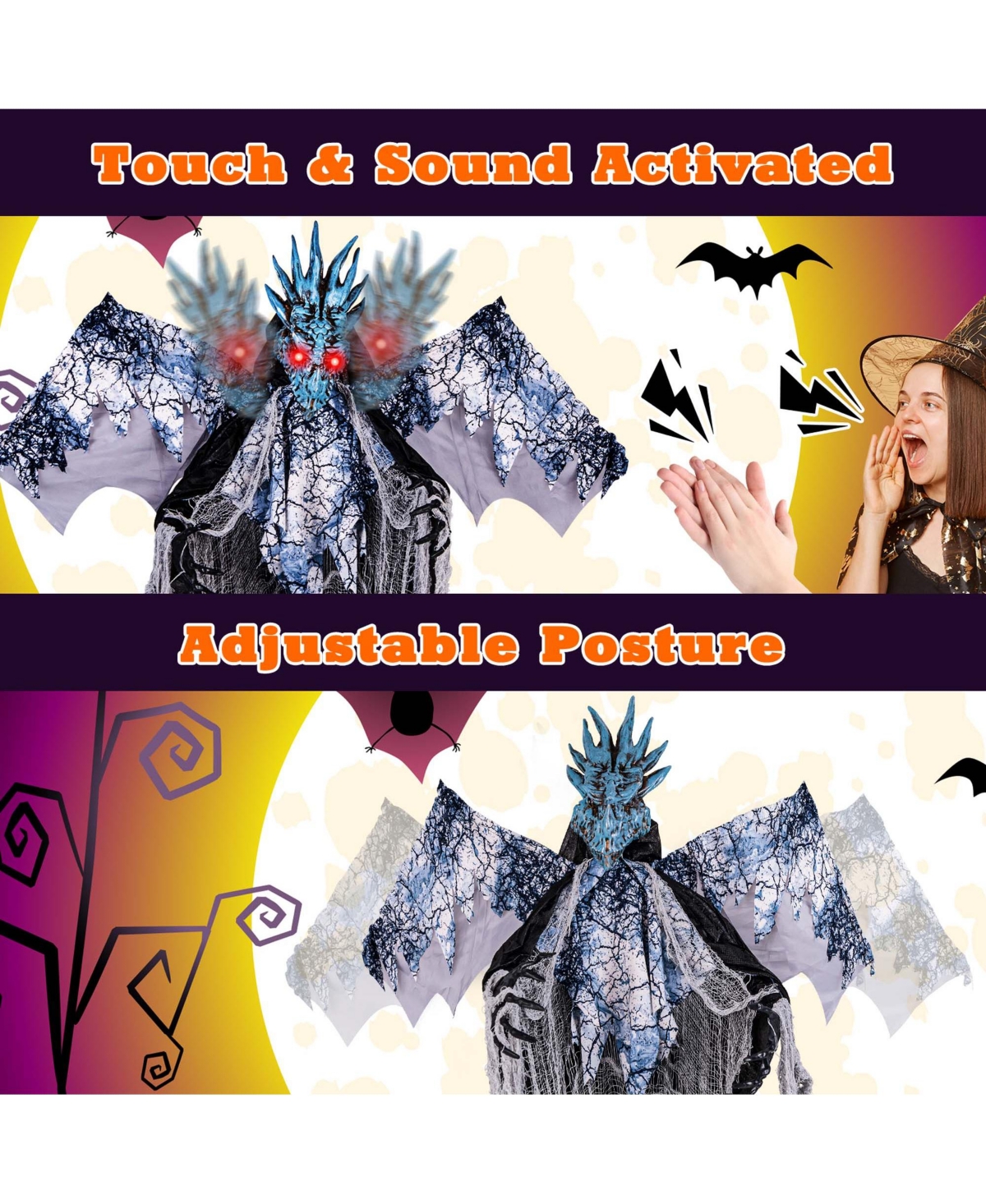 6ft Halloween Animatronic Decoration Animated Dragon with Light Up Eyes Posable Wings & Arms Sound & Touch Activated Standing Figure