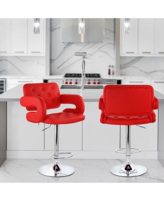 Faux Leather Tufted Bar Stool in Red with Chrome Base and Adjustable Height