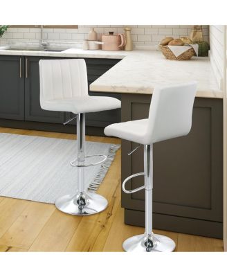 2 Piece Tufted Faux Leather Adjustable Bar Stool in White with Chromed Base