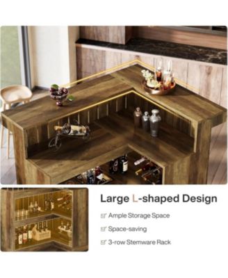 L-Shaped Kitchen Island, Home Bar Unit for Home, 4-Tier Corner Liquor with Storage Shelves and Wine Glasses Holder