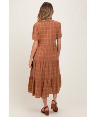 Maternity Rust Plaid Tiered Short Sleeve Dress