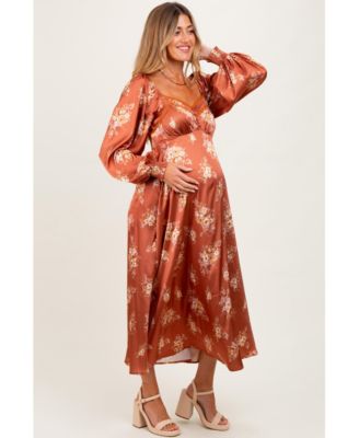 Maternity Rust Satin Floral Bubble Sleeve Midi Dress