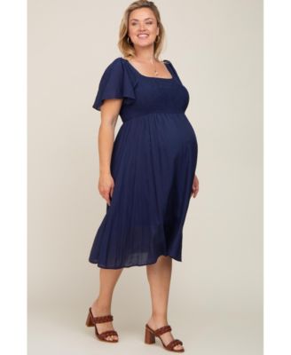 Plus Size Navy Blue Smocked Square Neck Flutter Short Sleeve Maternity Midi Dress