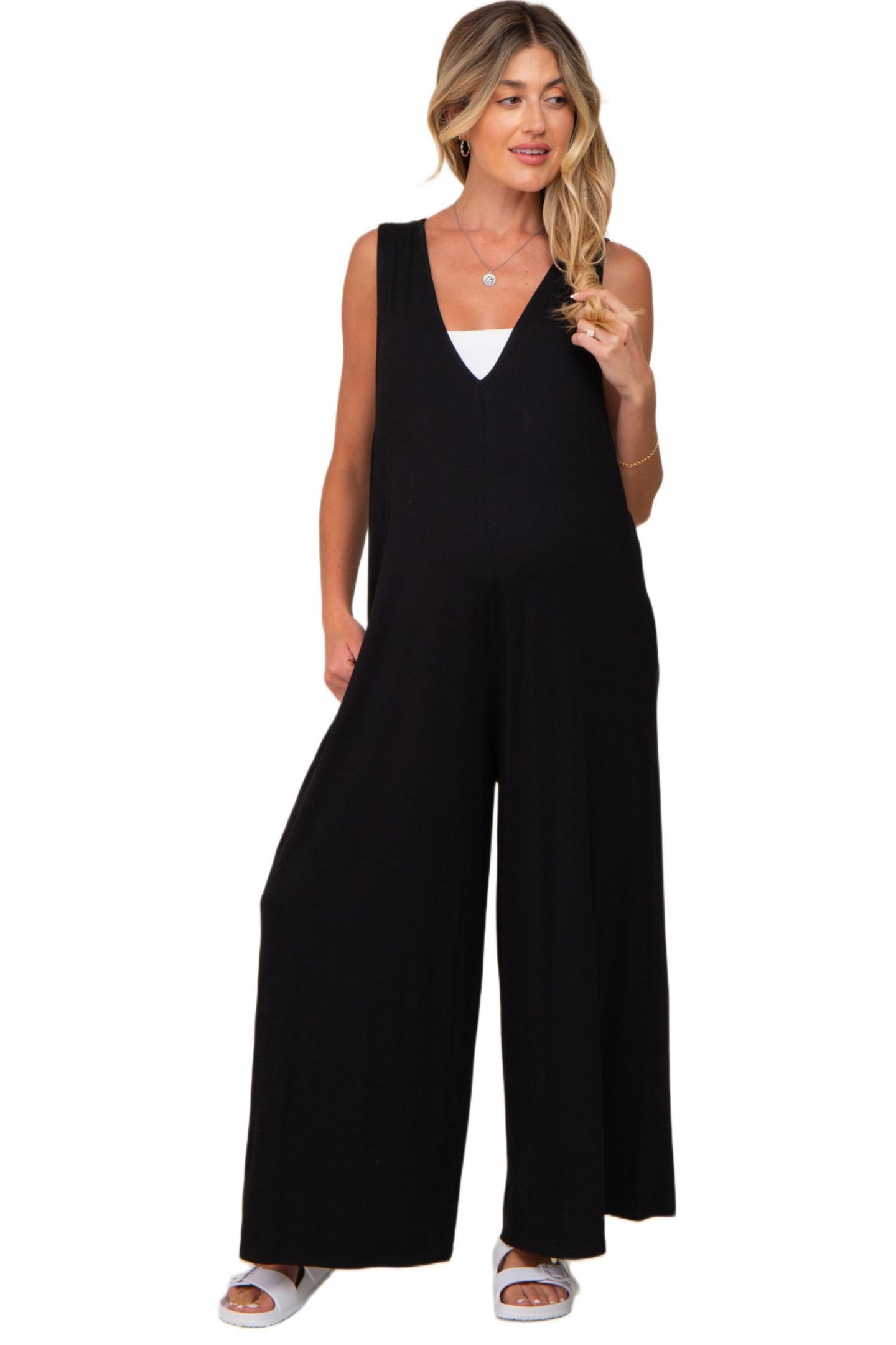 Женский комбинезон Pinkblush Black Deep V Sleeveless Wide Leg Jumpsuit, цвет: Чёрный — фото 1
