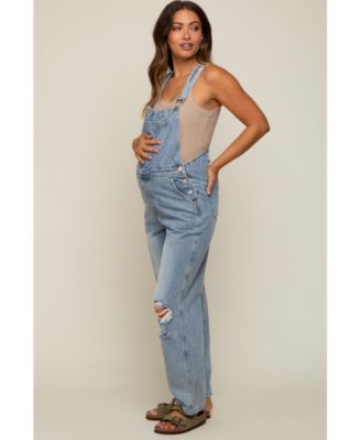 Maternity Light Wash Distressed Overalls