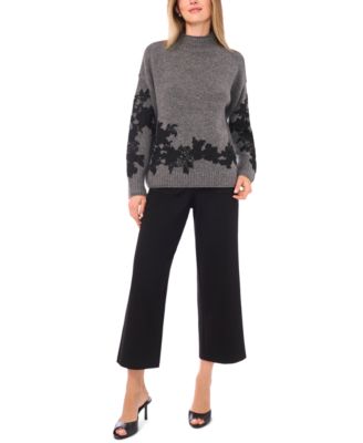 Women's Mock Neck Floral Lace Embellished Long-Sleeve Sweater