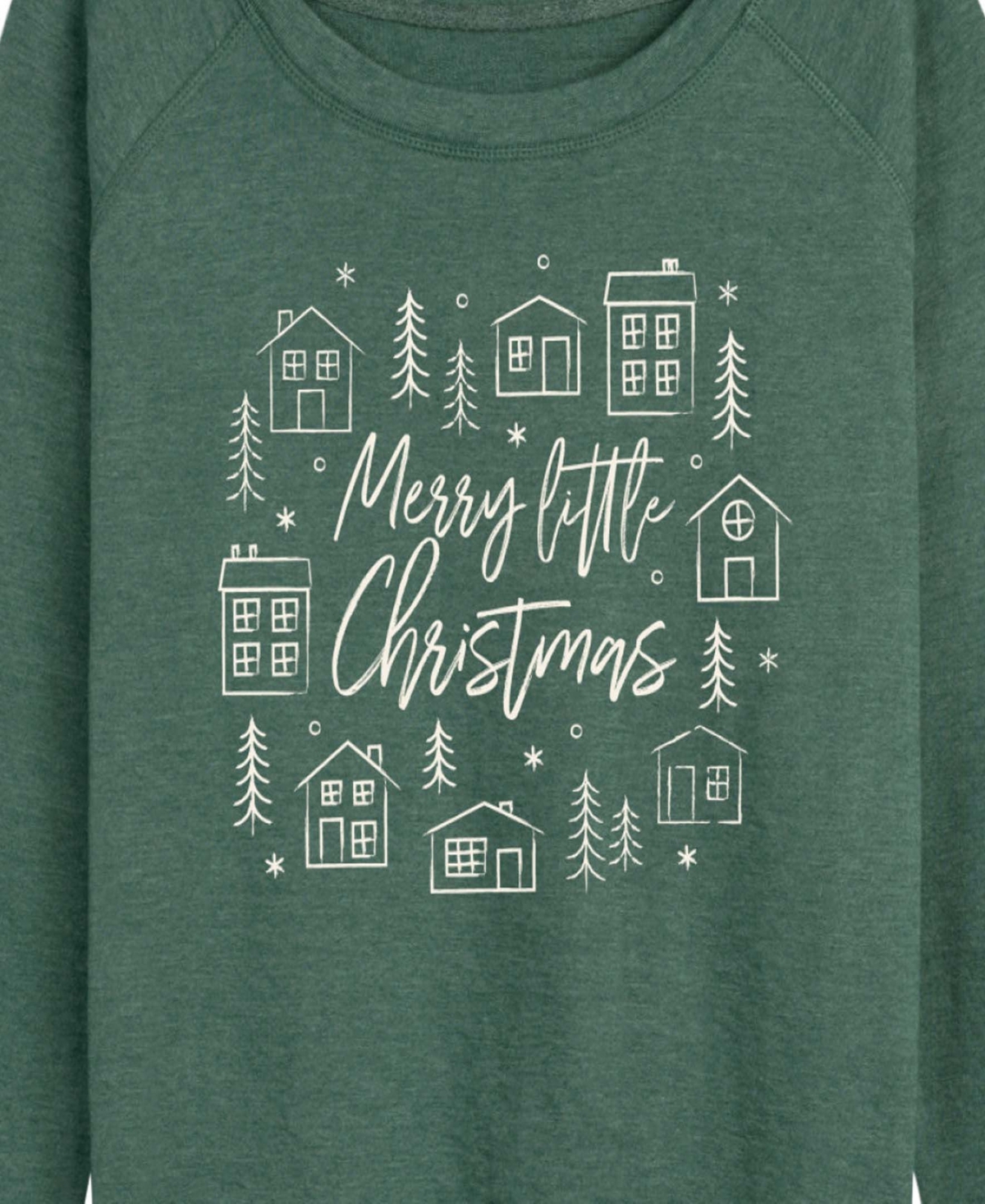 Hybrid Apparel Merry Little Christmas Houses Women's French Terry Long Sleeve Shirt In Green