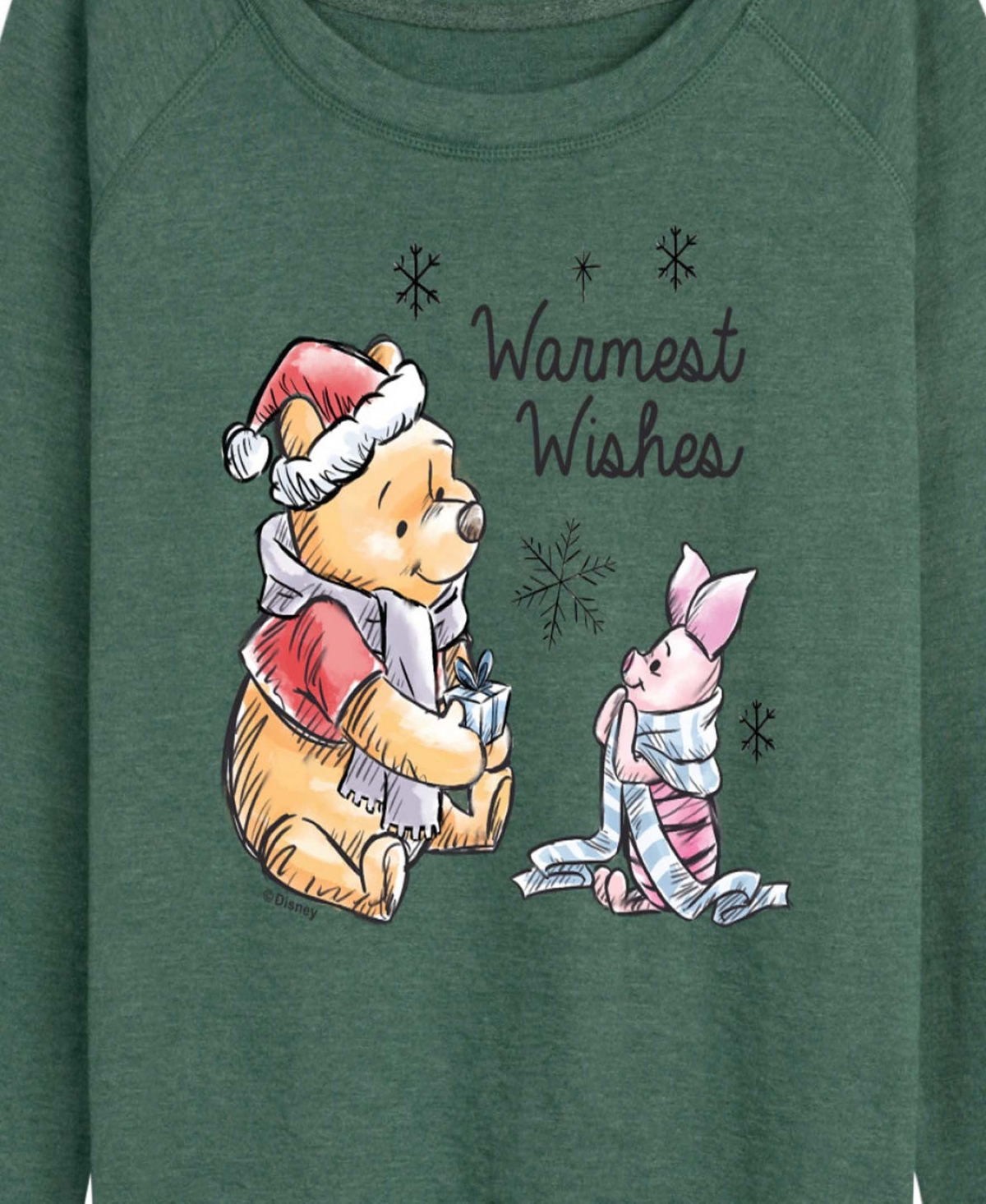 Hybrid Apparel Winnie The Pooh And Piglet Christmas Warmest Wishes Women's French Terry Long Sleeve Shirt In Green