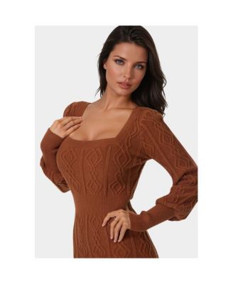 Women's Square Neck Long Sleeve Cable Sweater Dress