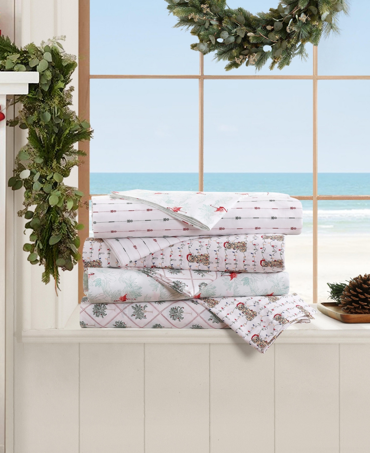 Tommy Bahama Printed Holiday 200-thread Count Cotton 4-pc. Sheet Set, King In White