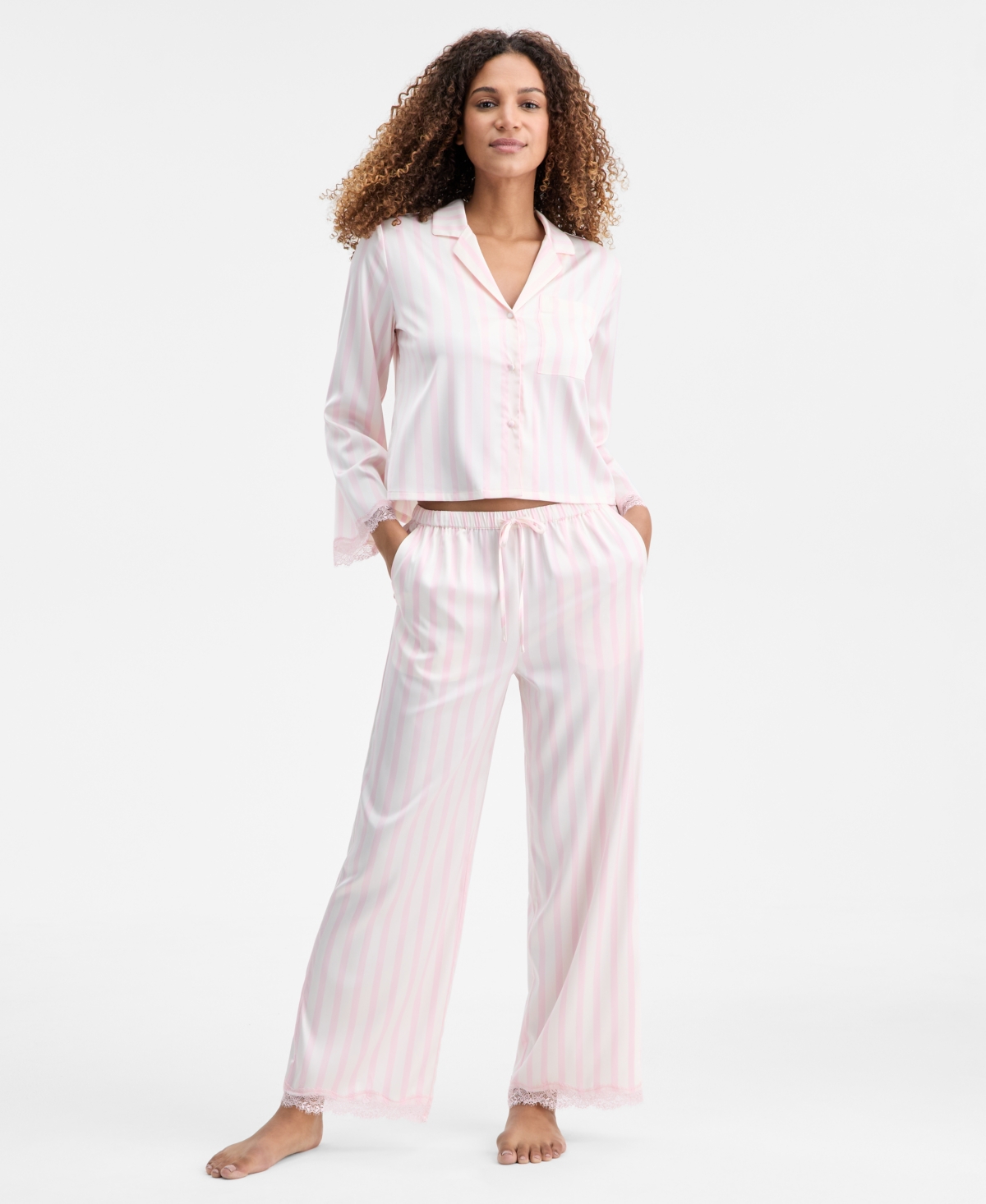 I.n.c. International Concepts Women's Long Sleeve Lace Trim Boxy Satin Notch Set, Created for Macy's - Carla Stripe