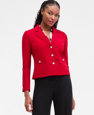 Women's Stretch Crepe Three-Button Jacket, Floral-Print Pleated-Shoulder Blouse & Stretch Crepe Wide-Leg Pants