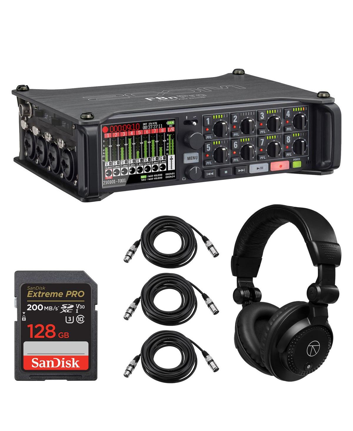 Zoom F8n Pro 8-Channel Multi-Track Field Recorder, Bundle with 128GB Memory Card, TAPH100 Headphones, 3x 25' Microphone Cable