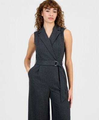 Women's Pinstriped Notched Collar Jumpsuit