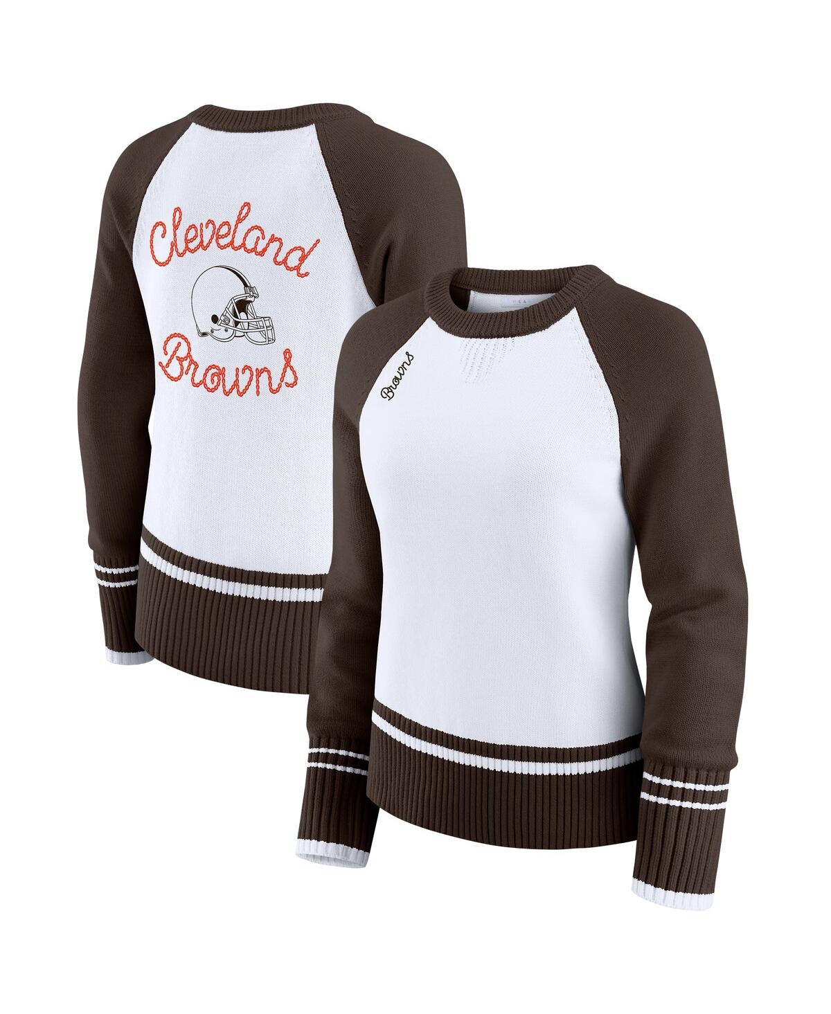 Wear by Erin Andrews Women's White/Brown Cleveland Browns Color Block Raglan Sweater