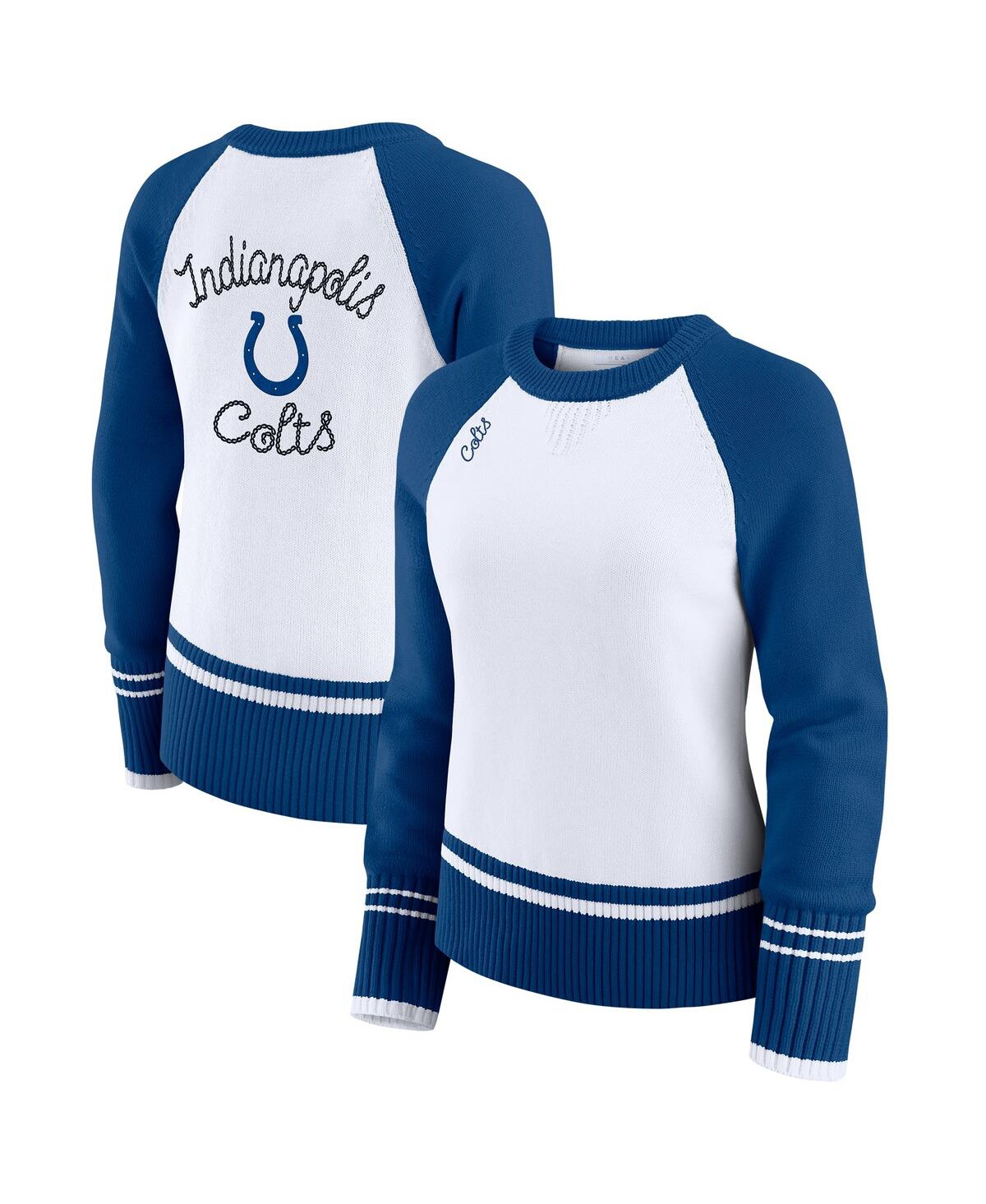 Wear By Erin Andrews Women's White/royal Indianapolis Colts Color Block Raglan Sweater In Blue