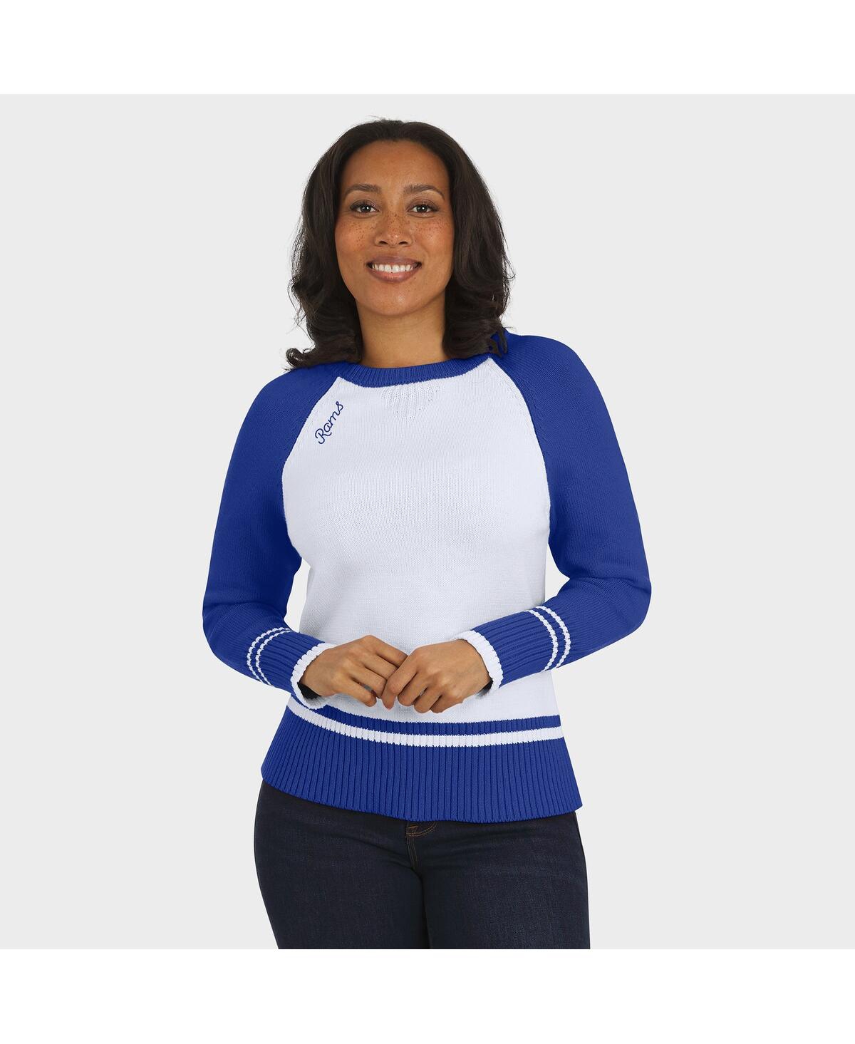 Wear By Erin Andrews Women's White/royal Los Angeles Rams Color Block Raglan Sweater In Blue