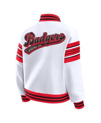 Women's White/Red Wisconsin Badgers Satin Stitch Full-Snap Fleece Sweatshirt Jacket