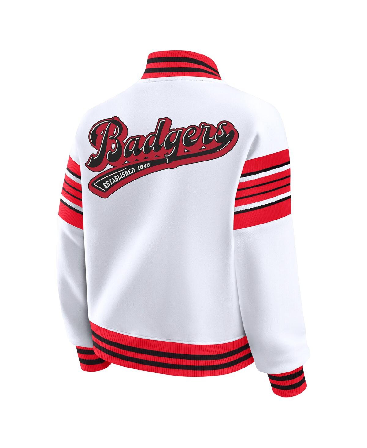Wear By Erin Andrews Women's White/red Wisconsin Badgers Satin Stitch Full-snap Fleece Sweatshirt Jacket In White