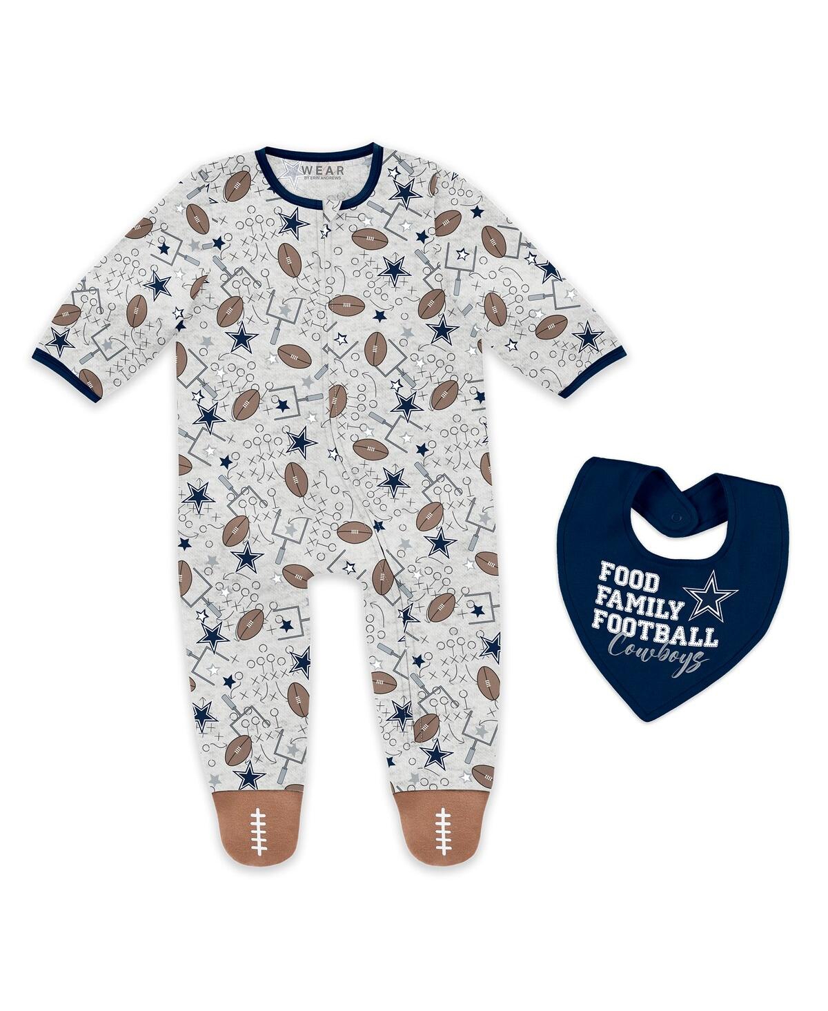 Wear By Erin Andrews Baby Boys And Girls Newborn 3-piece Dallas Cowboys Sleep And Play Full-zip Sleeper Bib Set In White